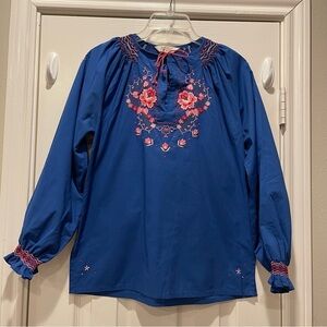 Vintage Daffodil Peasant Blouse Women’s XS Royal Blue Hand Embroidered Smocked